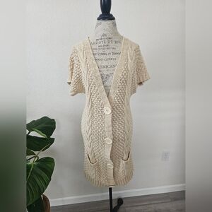 525 America Cable Knit Cardigan Long Cream Short Sleeve Long Sweater M